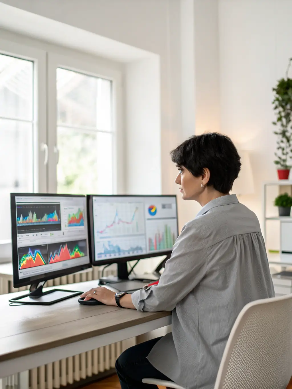 A business analyst working on a dashboard with colorful charts and graphs, focusing on data analysis and visualization.