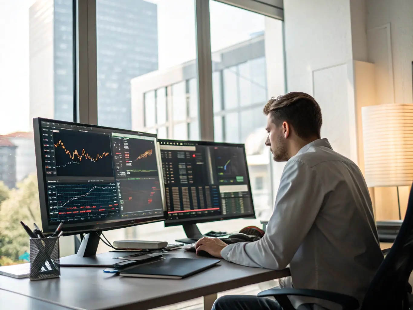 A financial analyst is working on a complex financial model on a computer, with charts and graphs illustrating revenue projections and investment scenarios. The model is designed to assist in budgeting and forecasting.
