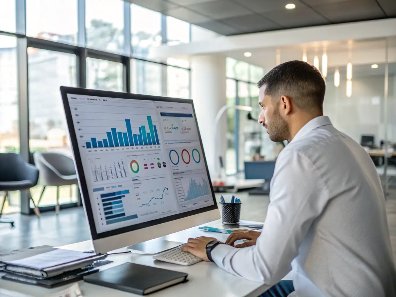 A professional business analyst is presenting a data visualization dashboard to a team in a modern office setting. The dashboard displays key performance indicators (KPIs) and trends, highlighting the impact of data analysis on business decisions.